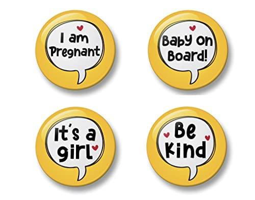 Pregnancy Badge Set, 4 Badges, Badge Packs, 32mm, I am pregnant, Baby on board, It's a girl, Be kind, Baby Shower Gift (Yellow)