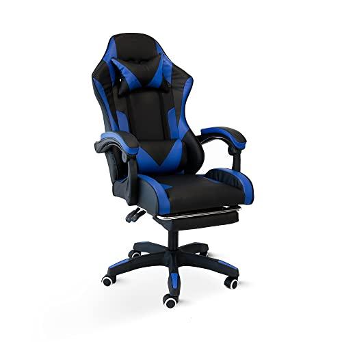 Cribel Poltrona da Gaming Racing Omega con poggia piedi, in similpelle, Nero/Blu