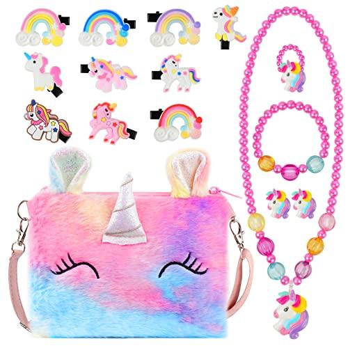 OSDUE Set Gioielli Unicorno con Borsetta - 16 Pezzi di Magia Arcobaleno per Bambine