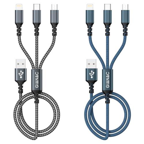 GIANAC Multi Cavo di Ricarica, 2pack [1.2M] 3 in 1 Multiplo Cavetto con Micro USB Tipo C Lightning interfaccia Cavo USB di Ricarica USB per Google Pixel, Samsung Galaxy, iPhone, Huawei, Honor