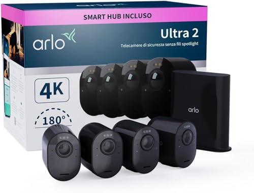 Arlo Ultra 2 Telecamera WiFi Esterno Senza Fili, Telecamera WiFi Interno, 4K UHD, Sirena Allarme Casa, Sensore Di Movimento, Audio Bidirezionale, Prova Arlo Secure Inclusa, 4 Telecamere, Nere