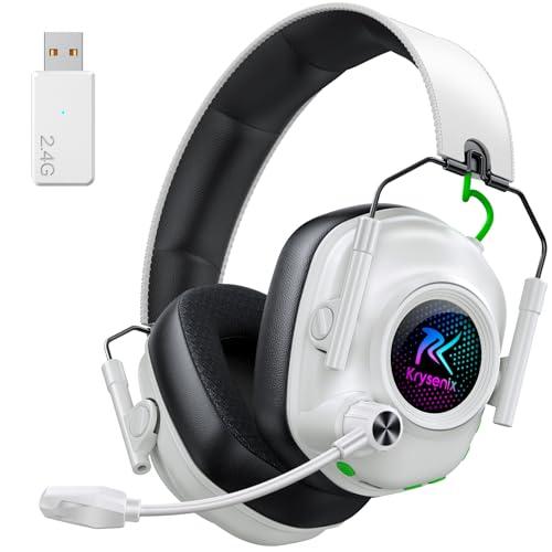 Krysenix Cuffie Gaming Wireless per PS5, PS4, PC, Mac, Switch, 2.4GHz, Bluetooth, Microfono Antirumore, 40H Autonomia, LED Bianco