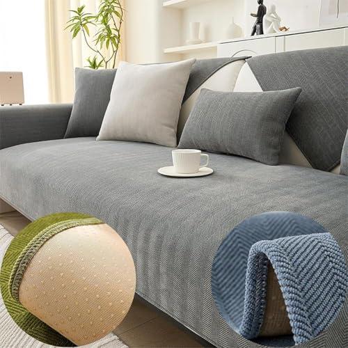 Funny Fuzzy Herringbone Chenille Fabric Furniture Protector Couch Cover, Funnyfuzzy Sofa Cover, Simple Striped Chenille Anti-Scratch Sectional Couch Cover (Grey,Armrest Cover--70*70cm/28*28in)
