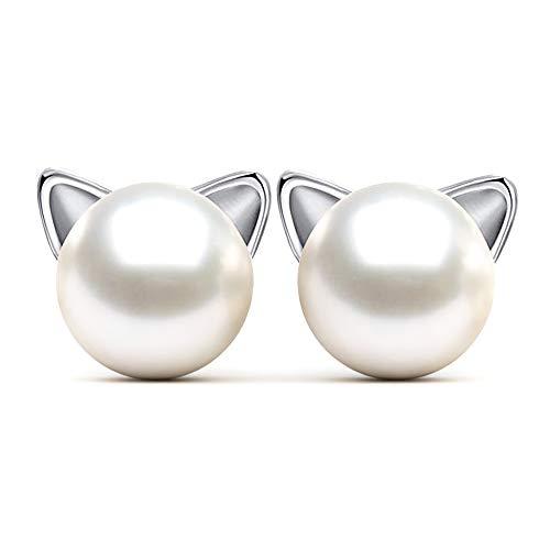 Epoch World Orecchini Perle e Gatto in Argento 925 per Donna e Bambina
